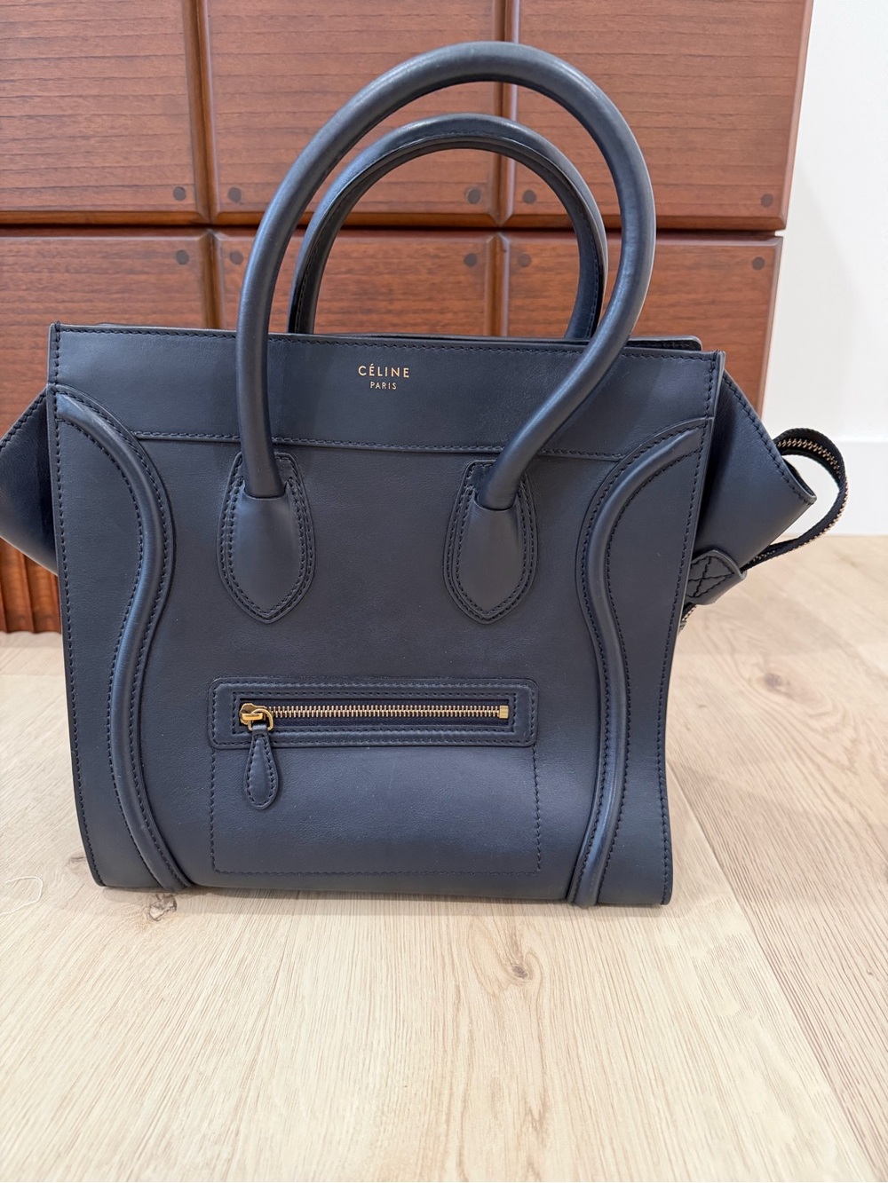 CELINE - Navy Leather Tote Bag - Structured Top Handle